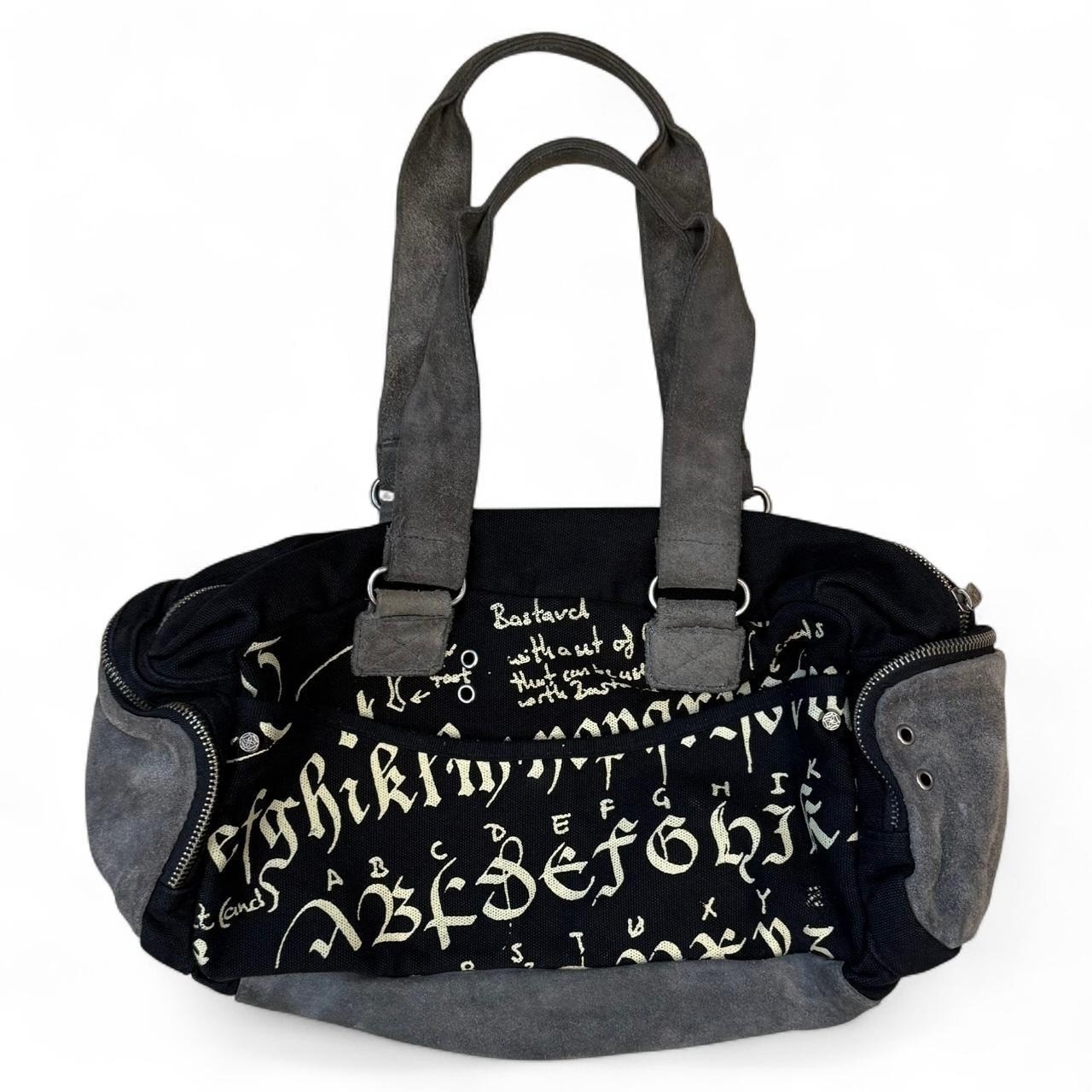 Vintage 2000s Small Duffel Black Gray Velour Handbag Grunge Goth Zipper Y2k